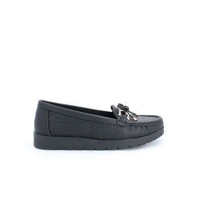 Black Adela moccasins flat with embossed details and rubber sole, perfect for casual and polished outfits.